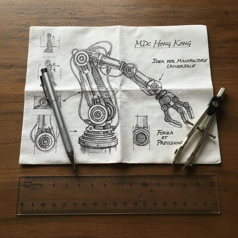 Napkin sketch of a robotic arm labeled MDC Hong Kong